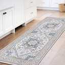 Soft Entryway Rug 2x6, 2x6 Rug Runner, Neutral Washable Hallways Carpet 2 x 6 with Non Slip Backing, Low-Pile Bedside Carpet 2 x 6, Long, Faux Cashmere, Cream White & Blue