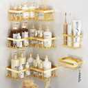 Liuoud Corner Shower Caddy 5 Pack, Rustproof Stainless Steel Shower Organizer with Soap Rack Toothbrush Holder, Large Capacity Adhesive No Drilling Bathroom Kitchen&Home Decor Set, Gold