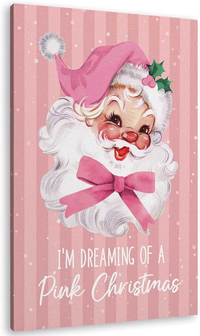 TLESKE Pink Winter Christmas Santa Claus Coquette Bow Wall Art Decor, I'm Dreaming of a Pink Christmas Canvas Wall Art Print for Teen Girls Dorm Room Bedroom, Winter Wall Artwork Picture, 16x24