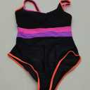 popvil One Piece Swimsuit Tummy Control Womens Bathing Suits Modest Curvy Neon Sexy Sport Swimwear (Medium, Black Purple)