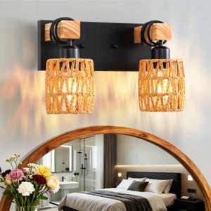 2-Light Farmhouse Bathroom Vanity Light Fixtures Over Mirror, Wood Rustic Boho Rattan Wall Sconce with Hand Woven Wicker Lampshade, Black Wall Lighting for Hallway, Living Room, Bedroom, Spa Room