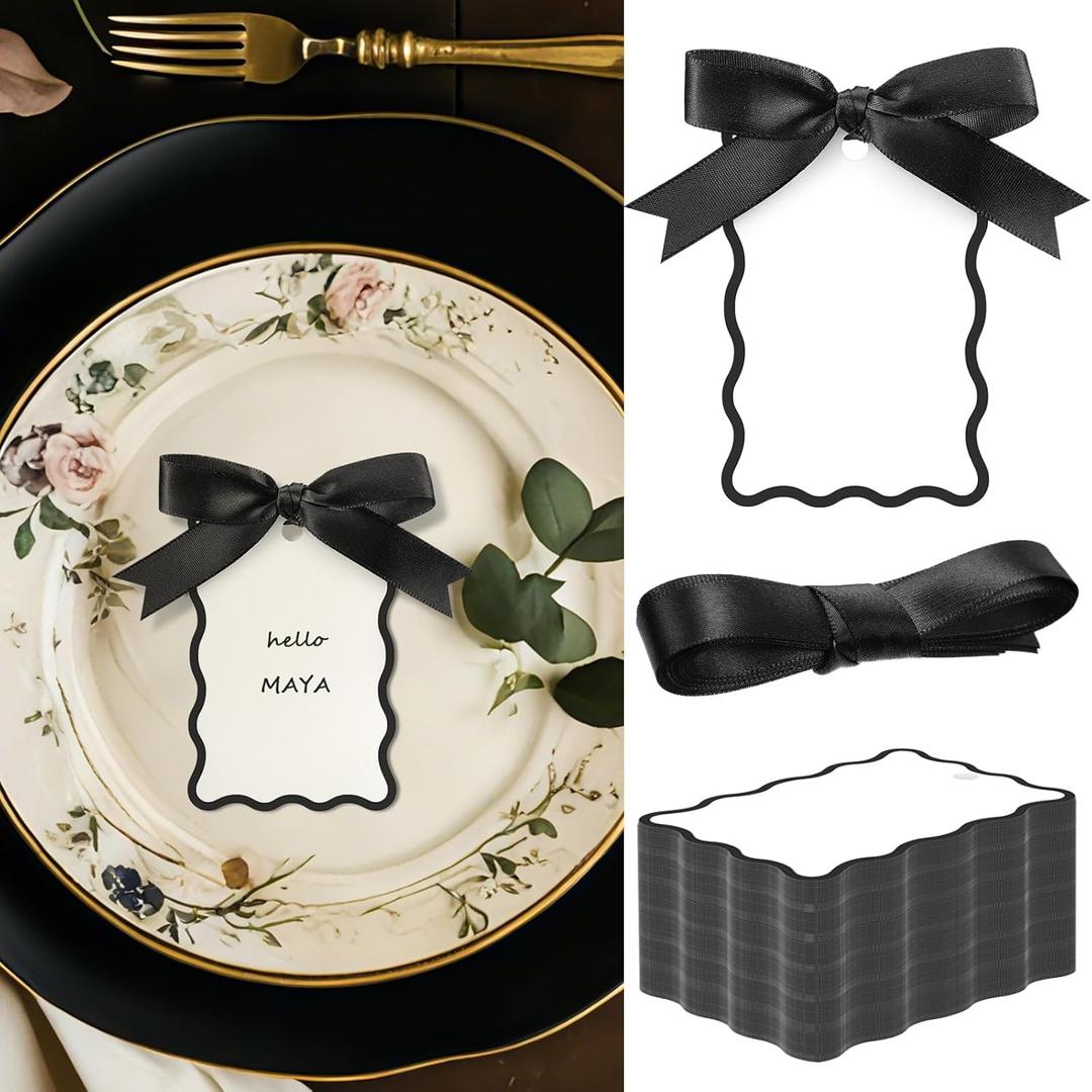 200 Pcs Scallop Name Place Cards for Table Setting DIY Wedding Placecards with Ribbon Include 100 Name Table Cards and 100 Ribbon for Weddings Party Celebrations Supplies (Black)