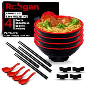 ROHGAN 32oz Japanese Ramen Bowl Set – Red & Black Melamine Pho Bowls with Chopsticks, Spoons & Holders – Durable, Dishwasher-Safe Dinnerware for Ramen, Udon & Soups (20-Piece Set)
