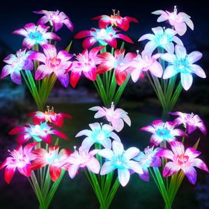 WdtPro 2025 Upgraded Solar Lights Outdoor 6 Pack, Solar Garden Lights with 24 Blooming Lily RGB Light, 7 Color Changing Waterproof Solar Flower Lights for Outside Yard, Patio Decor Gifts