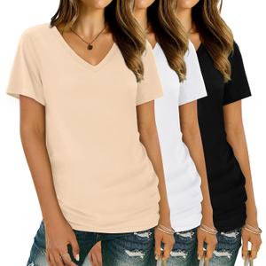 XIEERDUO Womens T Shirts V Neck Summer Tops Basic Short Sleeve Shirts 2 Pack/3 Pack (Large) (White, Black,Red)
