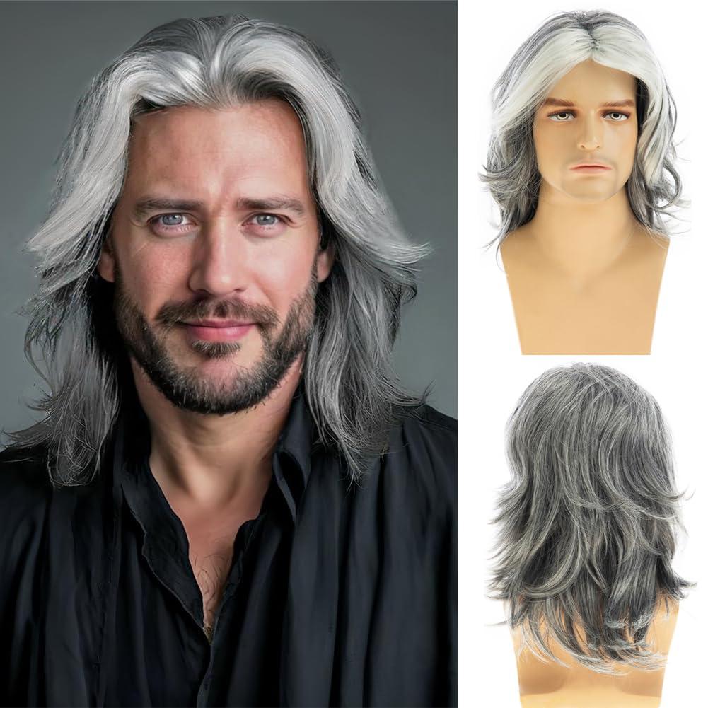 Baruisi Mens Wig Grey Long Straight Synthetic Heat Resistant Costume Cosplay Hair Wig (grey mixed white)