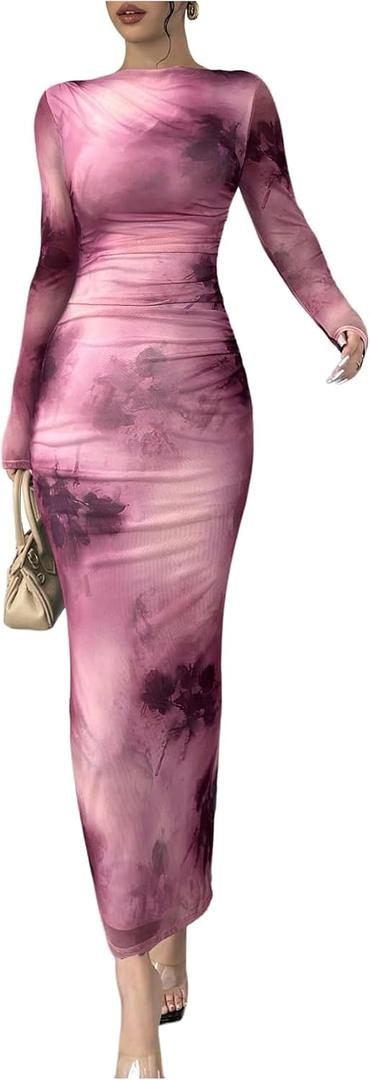 Milumia Women's Tie Dye Boat Neck Long Sleeve Fall Dress Ruched Bodycon Maxi Slimming Dresses Cocktail Party M