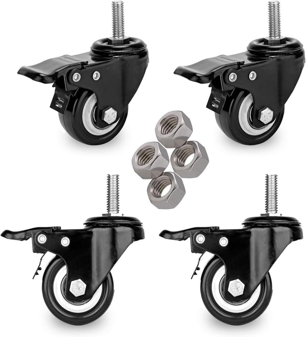 2" Stem Caster Wheels with Safety Dual Locking 600Lbs Heavy Duty Threaded Stem Casters No Noise Swivel Castors with Brakes 3/8"- 16 x 1 (Set of 4)