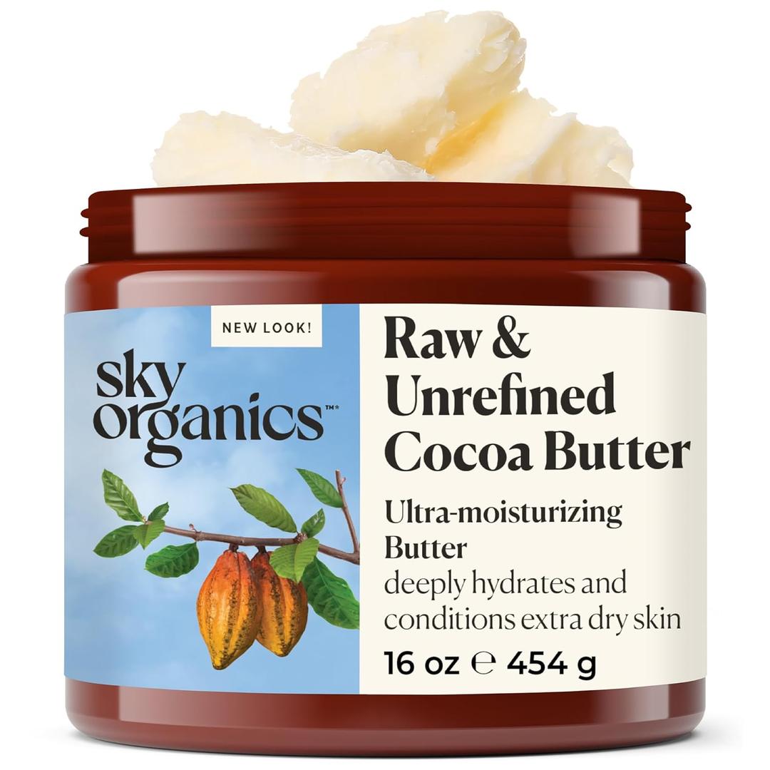 Sky Organics Cocoa Butter for Body, 100% Raw & Unrefined Ultra-Moisturizing Butter to Deeply Hydrate & Condition Skin, Promotes Smooth Skin Tone&Texture, Suitable for Tight or Dry Skin