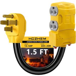 50 Amp to 20 Amp 110V RV Distribution Adapter, NEMA 14-50P to 4 X 5-20R/15R RV Generator Adapter, 4-Prong to Mutiple Household Outlet w/ 20amp Circuit Breaker, 1.5FT