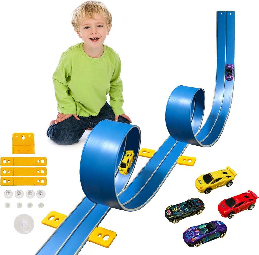 15 Ft Flexible Race Car Track (Daytona Blue) for Kids,Flex Track Starter Set Compatible with Hot Wheels and Diecast 1/64th Cars, Portable Racetrack Roll Up Race Track with 4 Racecars and Suction Cups