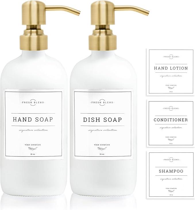 Vine Creations White Glass Soap Dispenser, 2 Pack Kitchen Soap Dispenser Set with Stainless Steel Pump, 16 oz Dish Soap and Hand Soap Dispensers for Bathroom with Waterproof Labels
