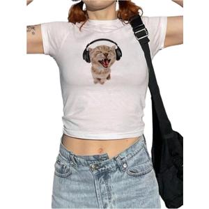 SHENHE Women's Cute Cat Graphic T-Shirt Slim Fitted Round Neck Print Crop Tee Tops (White, M)