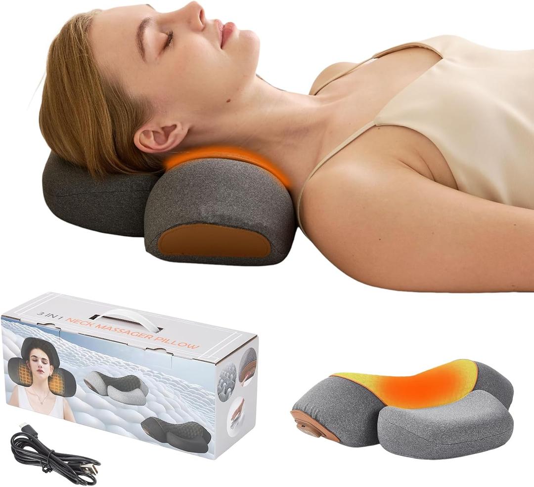 3-in-1 Neck Massager Pillow with Heat - Deep Tissue Vibration Massage & Cervical Traction for Neck Pain Relief, Portable Rechargeable Neck Hump Corrector (Rechargeable)