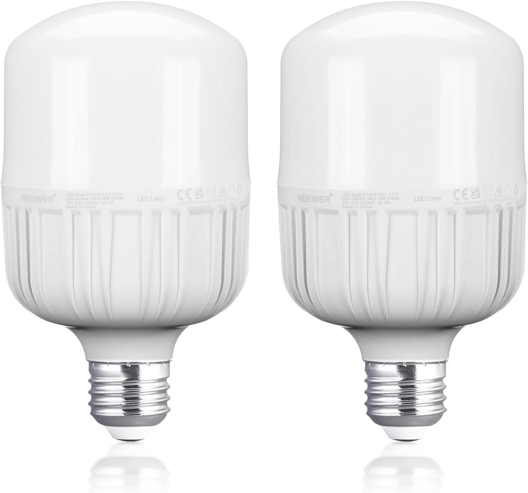 Neewer E26 24W LED Light Bulbs, 2 Packs, 2160 Lumens/5700K/CRI 93+/15000h Lifespan, Bright Video Photography Lighting, Silent/No Flicker/Non Dimmable 200W Incandescent Equivalent