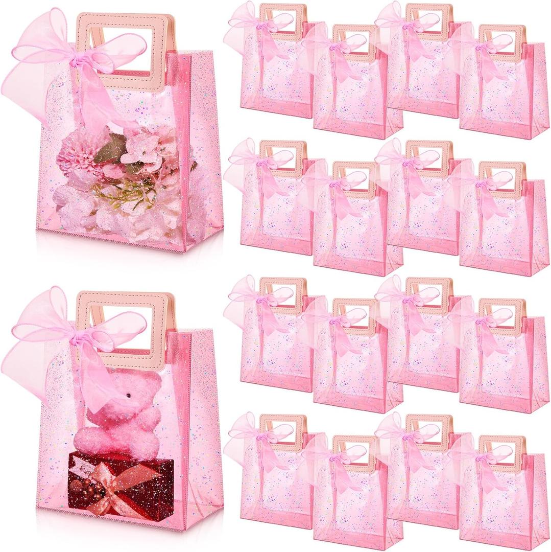 Shinylin 40 Pcs Valentines Day Clear Pink Gift Bags with Handles 7 x 4 x 8 Inch Transparent Reusable PVC Glitter Tote Bags for Valentine Bridal Party Baby Shower Wedding Birthday