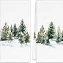 Christmas Winter Kitchen Towels Set of 2, Winter Christmas Pine Tree Decor Dish Towels, Xmas Pine Forest Decorative Hand Towels for Bathroom Kitchen, Christmas Trees Bathroom Decor(16x24 Inch)