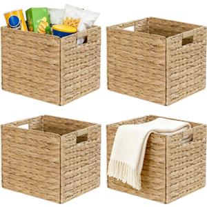 Rectangular Storage Baskets 13x11in, 4 Pack Water Hyacinth Wicker Bins with Handles, Foldable Natural Organizer for Shelves Kitchen Closet, Handwoven Storage Cubes