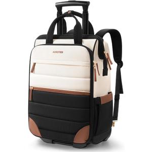 Rolling Puffer Backpack for Women, Travel Backpack with Wheels, 16 Inch Wheeled Laptop Backpck, Dual-Opening Design Overnight College Underseat Carry on Luggage, Roller Business Work Bag, Beige Brown