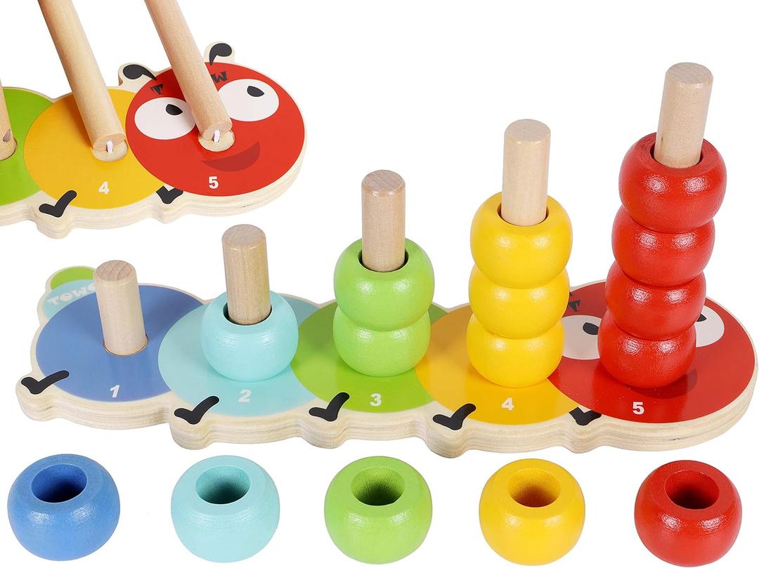TOWO Wooden Stacking Rings Baby Lovely Caterpillar Counting Game - Colour Sorting Puzzle - 5 Pegs Ring Stacker - Counting Rings Early Learning Wooden Toys for 1 Year Old Gift First Birthday Boy Girl