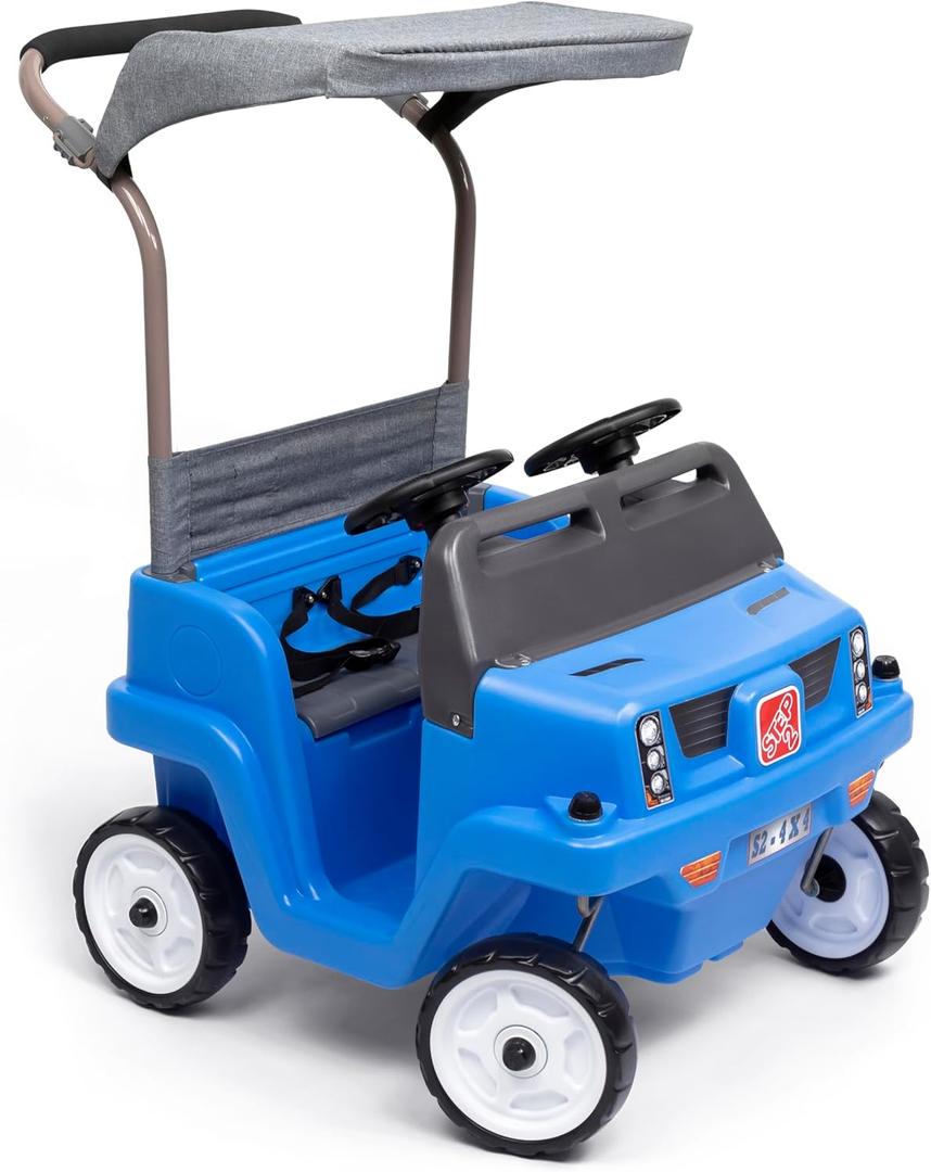 Step2 Side-by-Side Push Around SUV, Kids Push Car, 2 Seats, Stroller Substitute, Includes Seat Belts & Horns, Made of Durable Plastic, Max Weight 100 lbs., For Toddlers 1.5-5 Years Old, Blue (Large)
