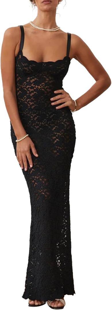 Womens Cocktail Dress Sexy Lace Hollow Out Transparent Sleeveless Spaghetti Straps Slim Fit Maxi Party Club Evening Dress (Small, Black)