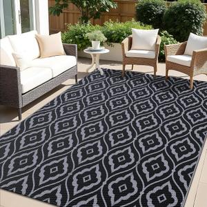 OLANLY Outdoor Rug 8x10 ft Waterproof, Outdoor Plastic Straw Rug with Geometric Pattern Clearance, Reversible RV Mat for Patio, Camping, Balcony, Deck, Backyard, Black & Grey