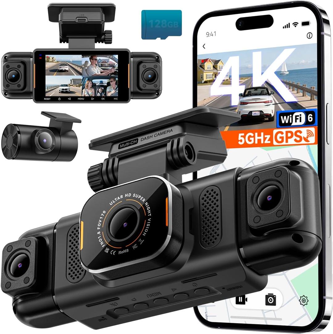 N5 PRO 4K 4 Channel Dash Cam, 360 All-Around View, 1080P Rear and Inside, 5G WiFi 6 - Up to 10MB/s, Built-in GPS, 8 IR Night Vision, G-Sensor, 24H Parking Mode, Free 128GB SD Card Included