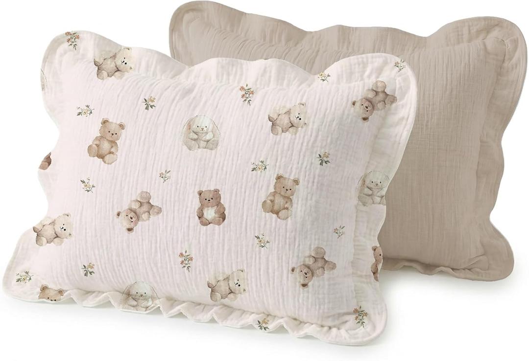 Muslin Ruffled Toddler Pillowcases 13"x18" 2 Pack, Soft, Breathable Muslin Cotton Travel Pillow Covers with Envelope Closure for Baby Boys, Girls & Kids (Teddy & Friends-Ruffled, 13 x 18 Inch)