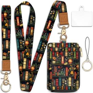 Piefly Plant Book Shelf Lanyard Wallet with ID Badge Holder, Floral Small RFID Wallet Women Keychain Wristlet, Slim Credit Card Holder with Zipper Pocket Phone Lanyard Wrist Strap Office Teacher Gift