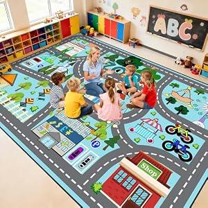 Car Rug Play Mat - Road Rug for Kids Boys Room, Fun Race Track Traffic Road Carpet for Boys Playmat Educational Learn, Car Carpet for Kids Room Decor Playmat Bedroom Playroom,2.5x4 Feet