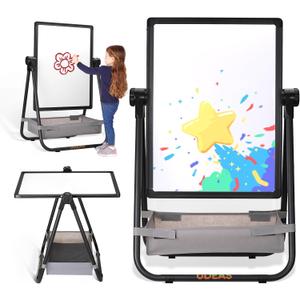 Easel for Kids, Adjustable Standing Toddler Easel Magnetic Whiteboard & Chalkboard with 27inch-44inch Height, Double Sided 360Rotating Kids Art Easel for Toddlers for Boys and Girls 3+