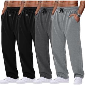 August Alley 4 Pack Men's Sweatpants Open Bottom with Pockets Drawstring Athletic Lounge Joggers Baggy Workout Pants (Large, Black, Black, Dark Mixed Gray, Light Mixed Gray)
