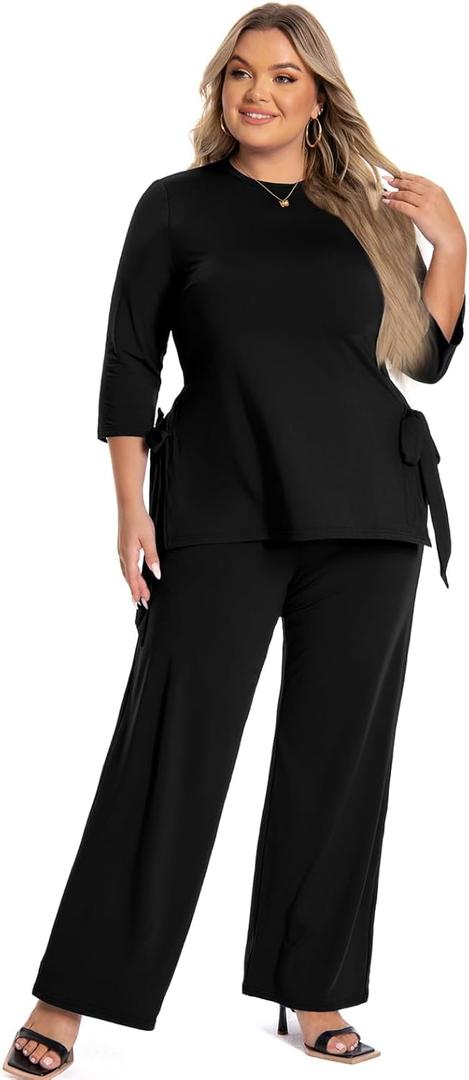 Plus Size 2 Piece Outfits for Women, Casual Tracksuits, Half Sleeve Lounge Sets, Elegant Wide Leg Pant Sets (3X-Large, Black)
