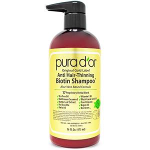 PURA D'OR Original Gold Label Anti-Thinning Shampoo Clinically Tested, Infused with Argan Oil, Biotin & Natural Ingredients, Sulfate Free, All Hair Types, Men and Women, 16 Fl Oz 