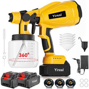 Cordless Paint Sprayer Gun with Battery 2 of 2000mAh 3 Copper Nozzles 2 of 800ML Containers HVLP Paint Sprayer for House Painting Furniture Cabinets Fence Wall Home and Outdoor (Yellow)
