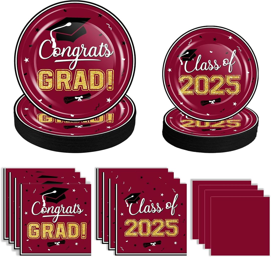 OuMuaMua 2025 Graduation Party Supplies Tableware Set - 100 Pcs Maroon Graduation Plates and Napkins Class of 2025 Disposable Dinnerware for College High School Congrats Grad Party favors, Serve 25