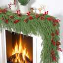 Betylifoy 12FT(2*6FT) Christmas Garland Artificial Norfolk Pine Garlands Real Touch Greenery Garland with Red Berry Faux Cedar Garland Xmas Winter Pine Garlands for Mantle Stairs Fireplace Table Decor