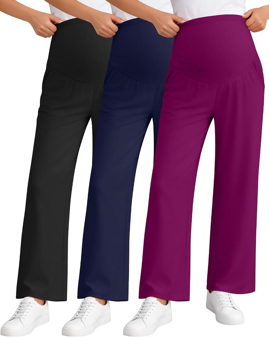 3 Pack Women's Maternity Pants Loose Wide Leg Pregnancy Sweatpants Over the Belly Lounge Pants Pajama with Pockets(Black, Navy Blue, Fuchsia,Medium)