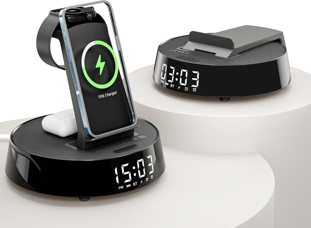 Alarm Clock with Wireless Charging Station, Clock for Bedroom with Dimmable Night Light Bluetooth Speaker, Wireless Charger Dock Station for iPhone 16 15 14 13 12 11 Pro Max, Apple Watch, AirPods 3 (Black)