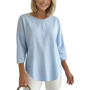 Women's 2026 Summer 3/4 Sleeve Tops Casual Striped T Shirts Crewneck Loose Office Work Shirts Cotton Blouses (Blue, XL)