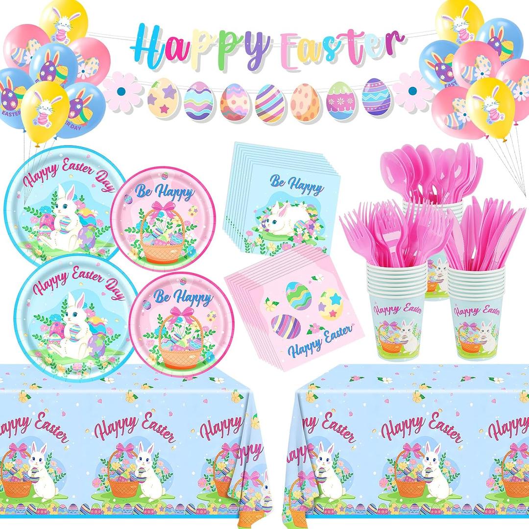 185 Pcs Easter Party Supplies Easter Party Decorations Tableware Set Serves 24, with Easter Bunny Plates Napkins Cups Forks Knives Spoon Tablecloth Banner Balloons for Spring Eater Party Decorations