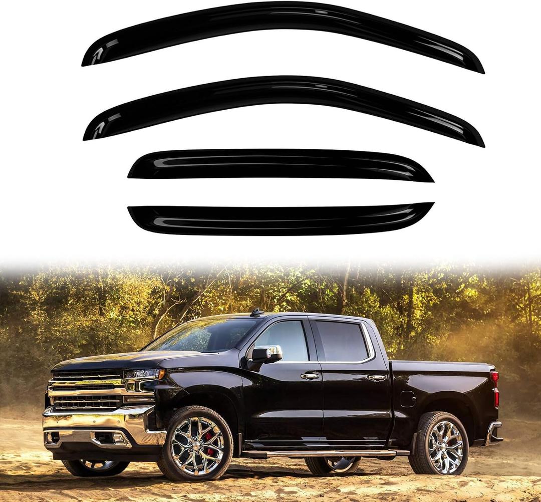 4PC Rain Guards for 07-13 Chevy Silverado GMC Sierra 1500 2500HD 3500HD Window Visors for Suburban Yukon XL 1500 2500 Crew Cab Only Deflectors Sun Shades Vent Tape On Out Channel