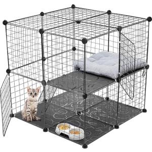 2 Tier Large Cat Cage Crate DIY Pet Playpen Detachable Dense Metal Wire Ferret Cage Indoor Cat Kennels for Kitten Puppy Bunny Exercise (Black, 27.56 x 27.56 x 27.56 Inches)