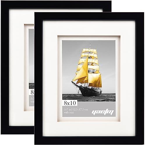 Yaetm 8x10 Double Floating Mat Picture Frame Set of 2, Display Picture 5x7 with Ivory Double Mat, Polished High Definition Real Glass, Tabletop & Wall Mounting Photo Frames, White