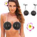 Natural Coconut Bra with Cord, Coconut Shell Bikini Top with Pink Flower Hair Clips, Hawaiian Costume Accessory for Women (One Size)