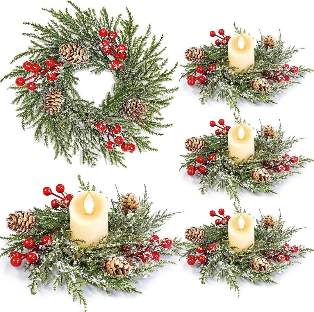 4 Pack Flocked Mini Christmas Wreath Candle Rings  9"x3.5" Snowy Cypress Wreaths with 20 Branches 21 Red Berries & 3 Pinecones, Small Xmas Candle Wreath Decor for Cabinet Table Centerpiece Holiday