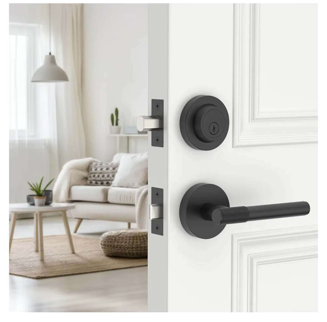 Amerdeco Front Door Lock Set with Double Cylinder Deadbolt, Black Exterior Entry Door Lever, Heavy Duty Entry Door Locksets for Left or Right Hand Exterior Door（Black 2 Pack）