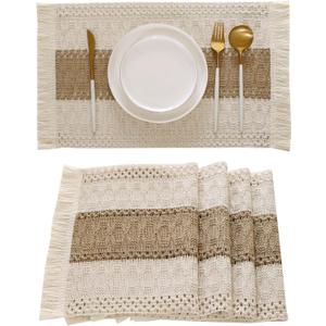 Farmhouse Placemats Set of 4 with Fringe Boho Placemats Macrame Table Decor Woven Placemats in Natural Burlap for Kitchen and Dining Table Centerpiece Spring Home Decorations, Khaki