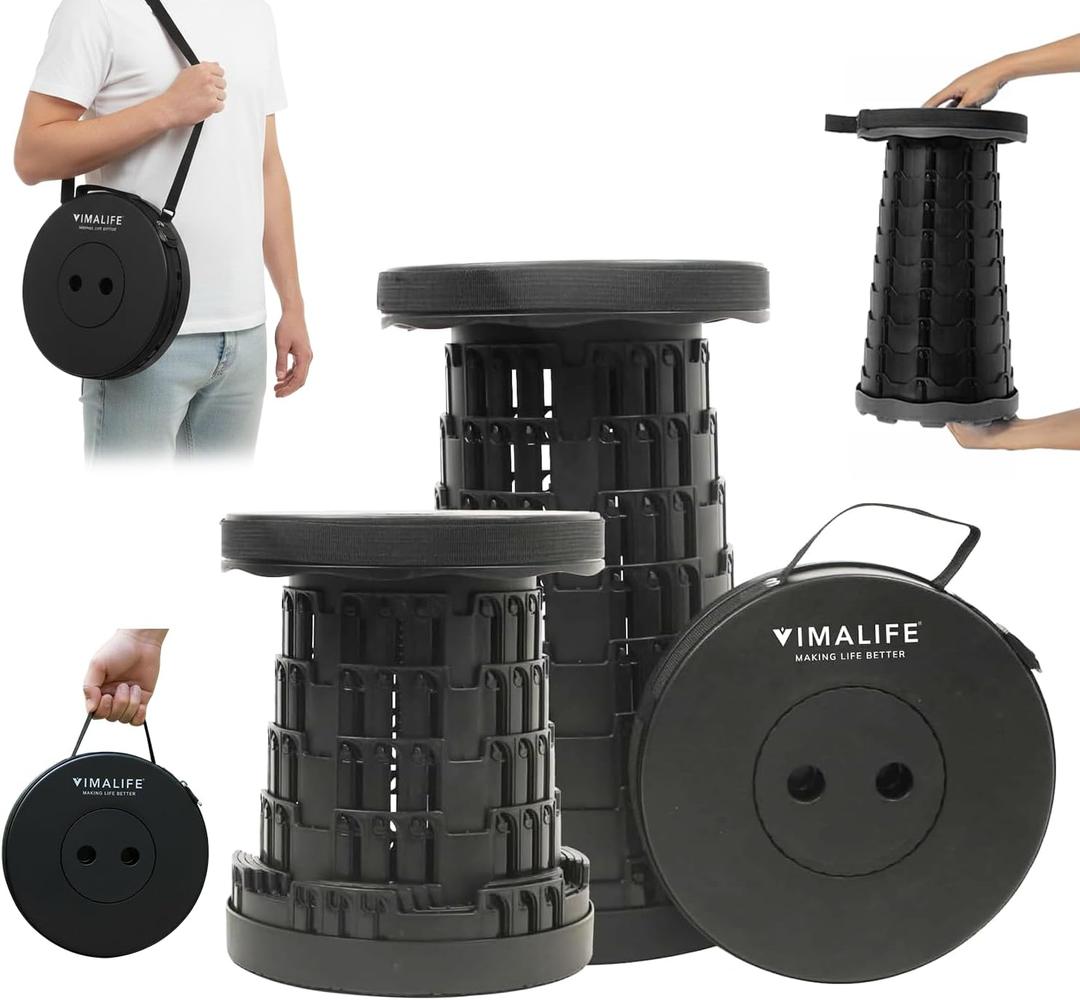 VIMALIFE Upgraded Collapsible Folding Stool, Heavy Duty 350lbs Capacity, Adjustable Height Collapsible Stool, Lightweight Folding Chair for Camping, Hiking, Fishing, BBQ, Indoor & Outdoor Use, Black